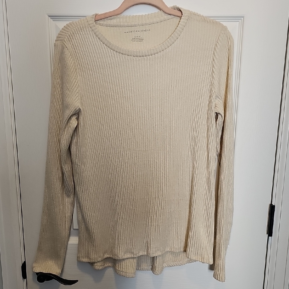 American Eagle Cream Ribbed Long Sleeve Sweatshirt